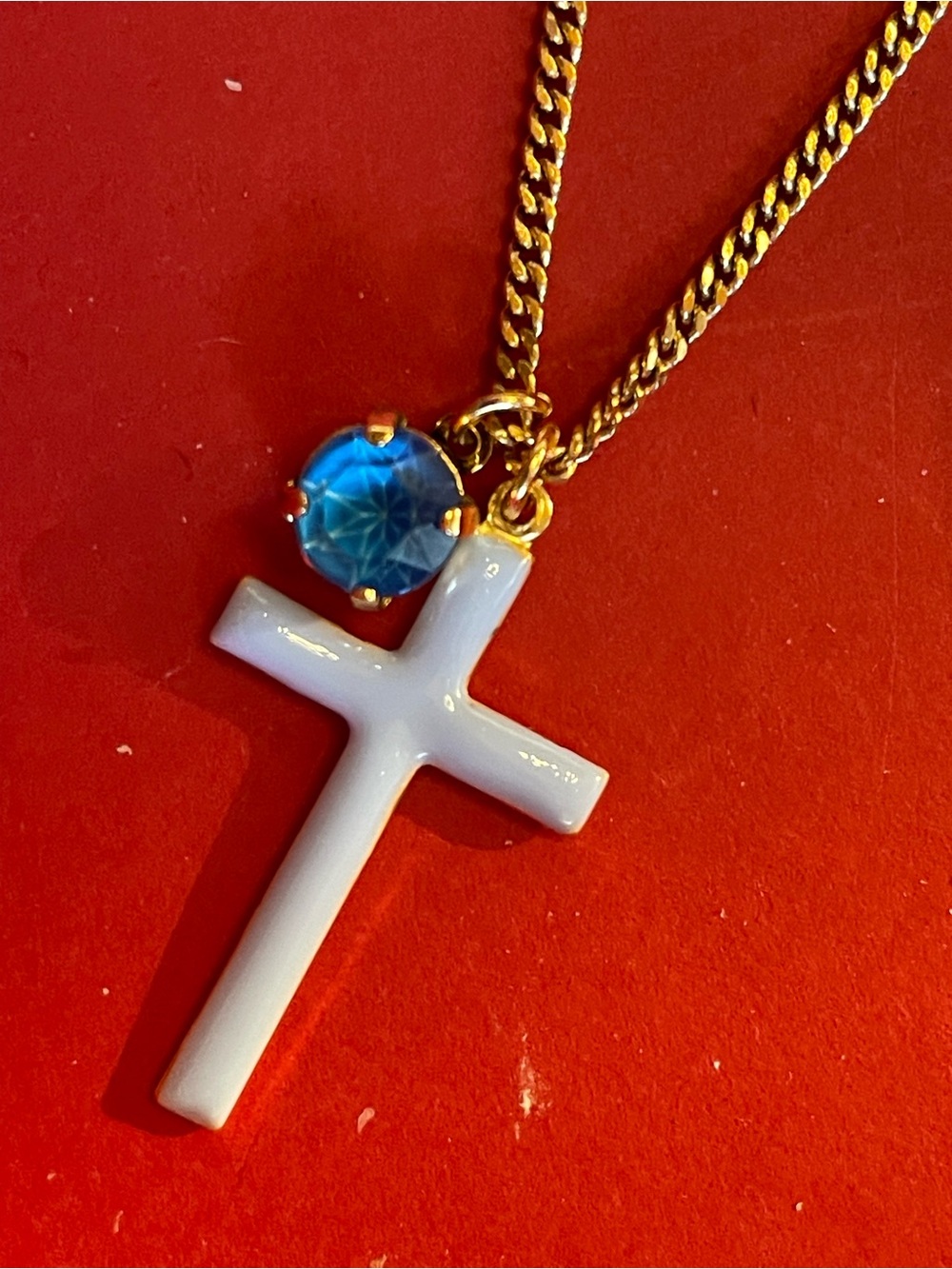 Tova Gold Chain Necklace with light blue  Cross and Blue Gem - Picture 3 of 5